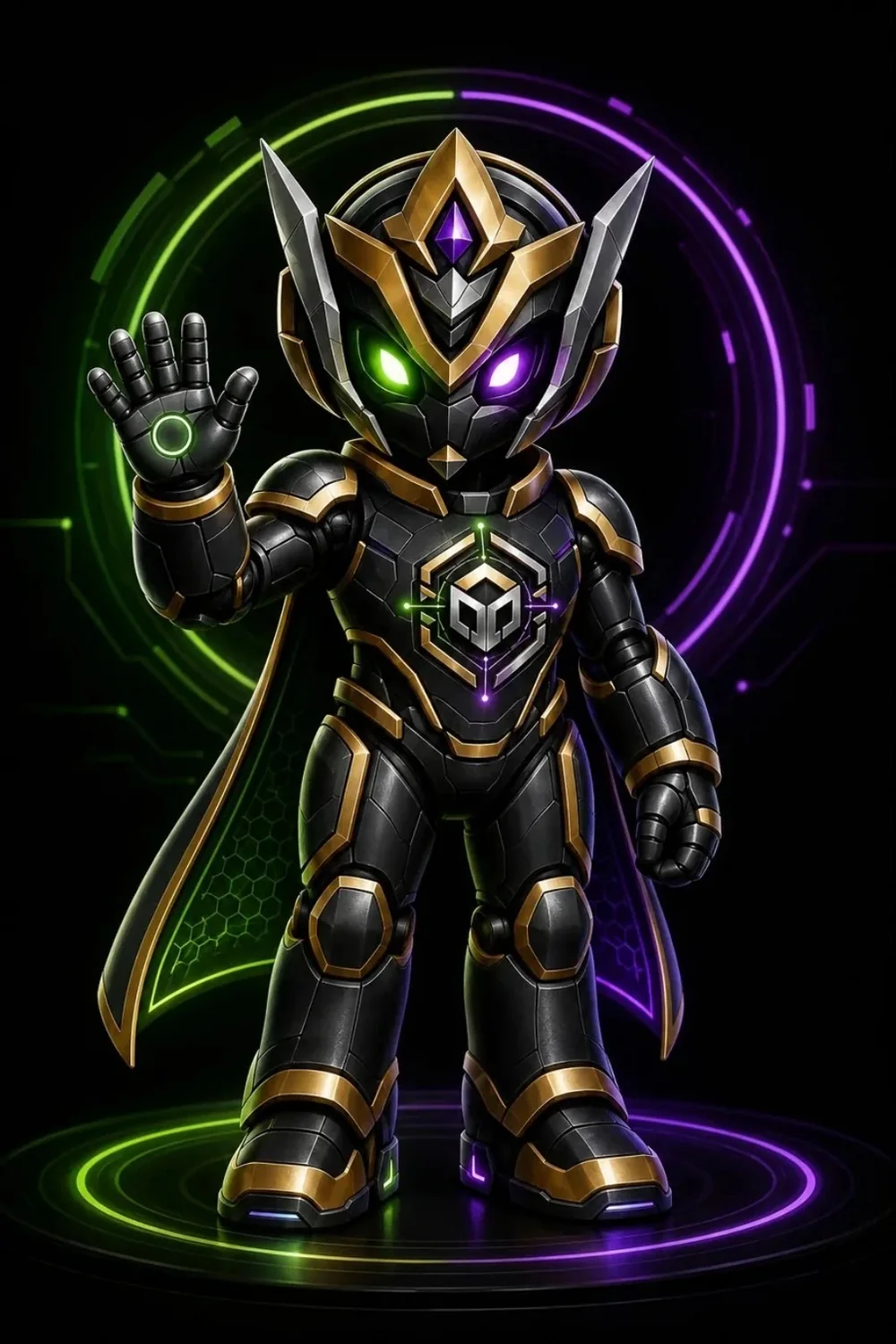 Friendly 4P3X guide character raising a hand beside green and purple digital rings.
