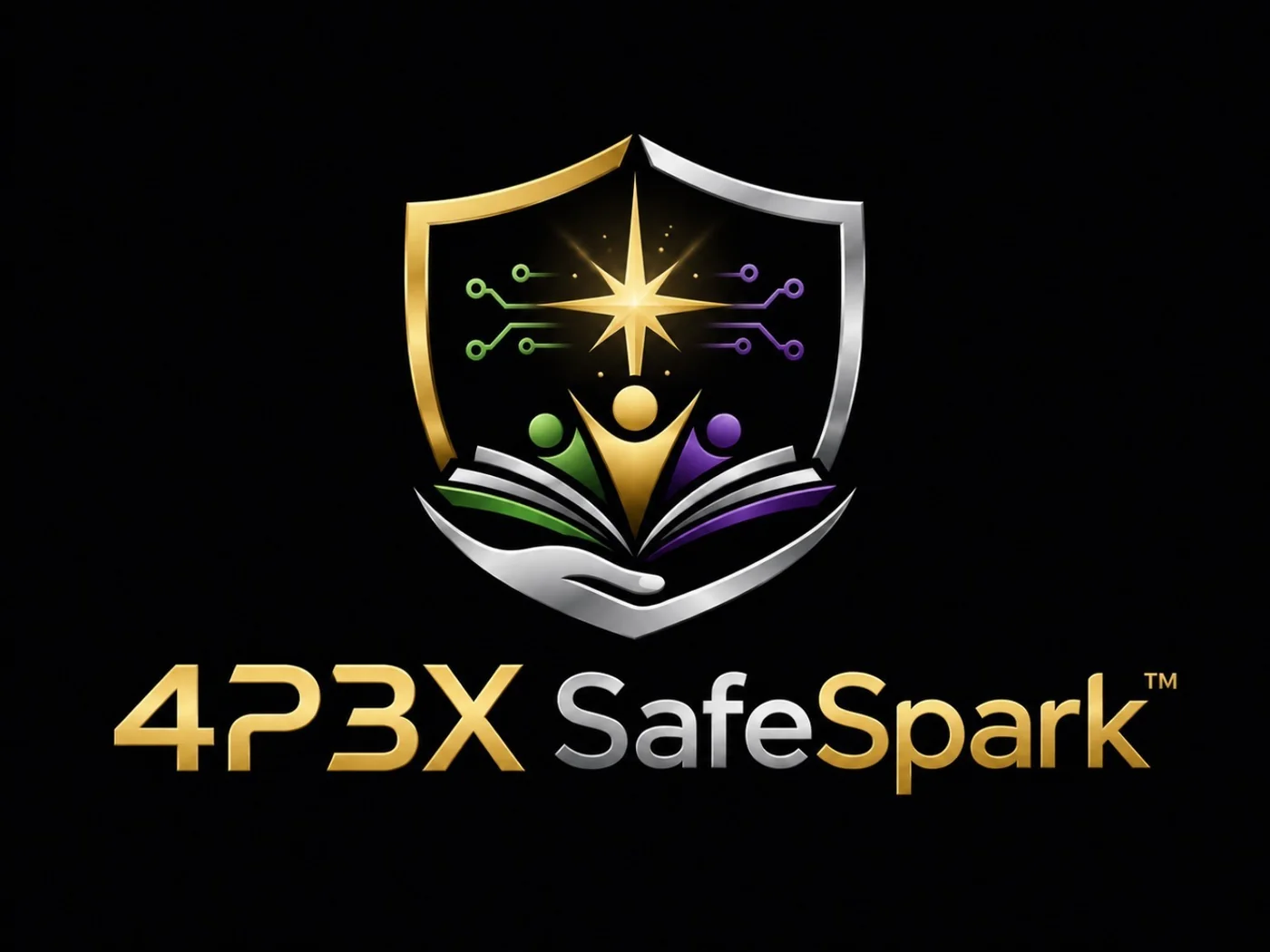 4P3X SafeSpark™ brand mark showing a shield, open book and learners.