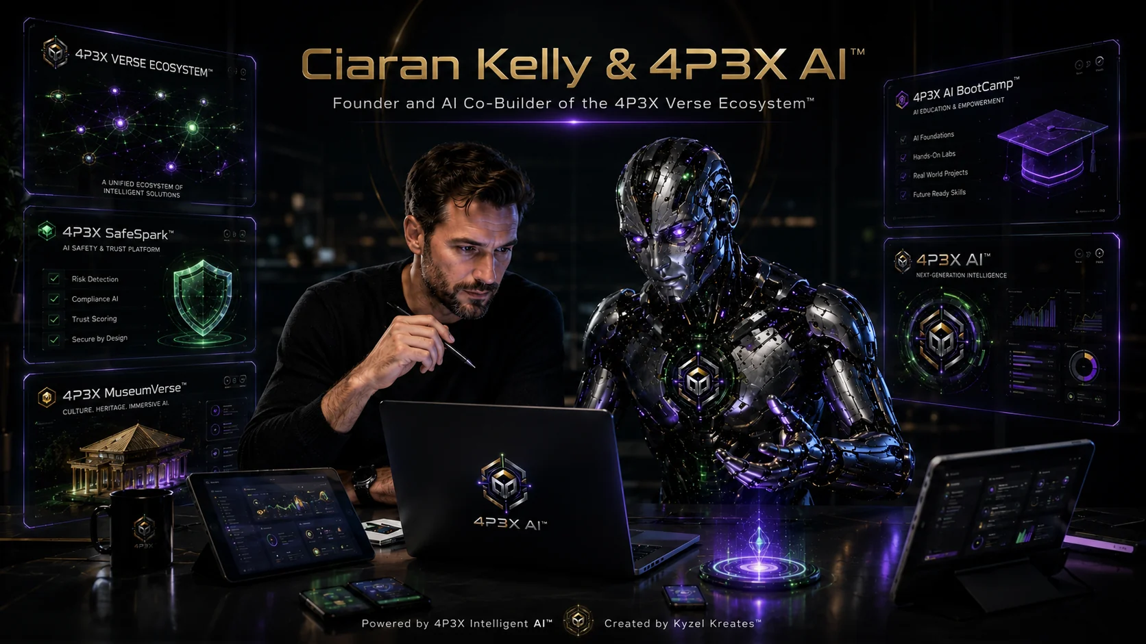 Brand illustration of a founder and 4P3X AI™ co-building an ecosystem of practical platforms.