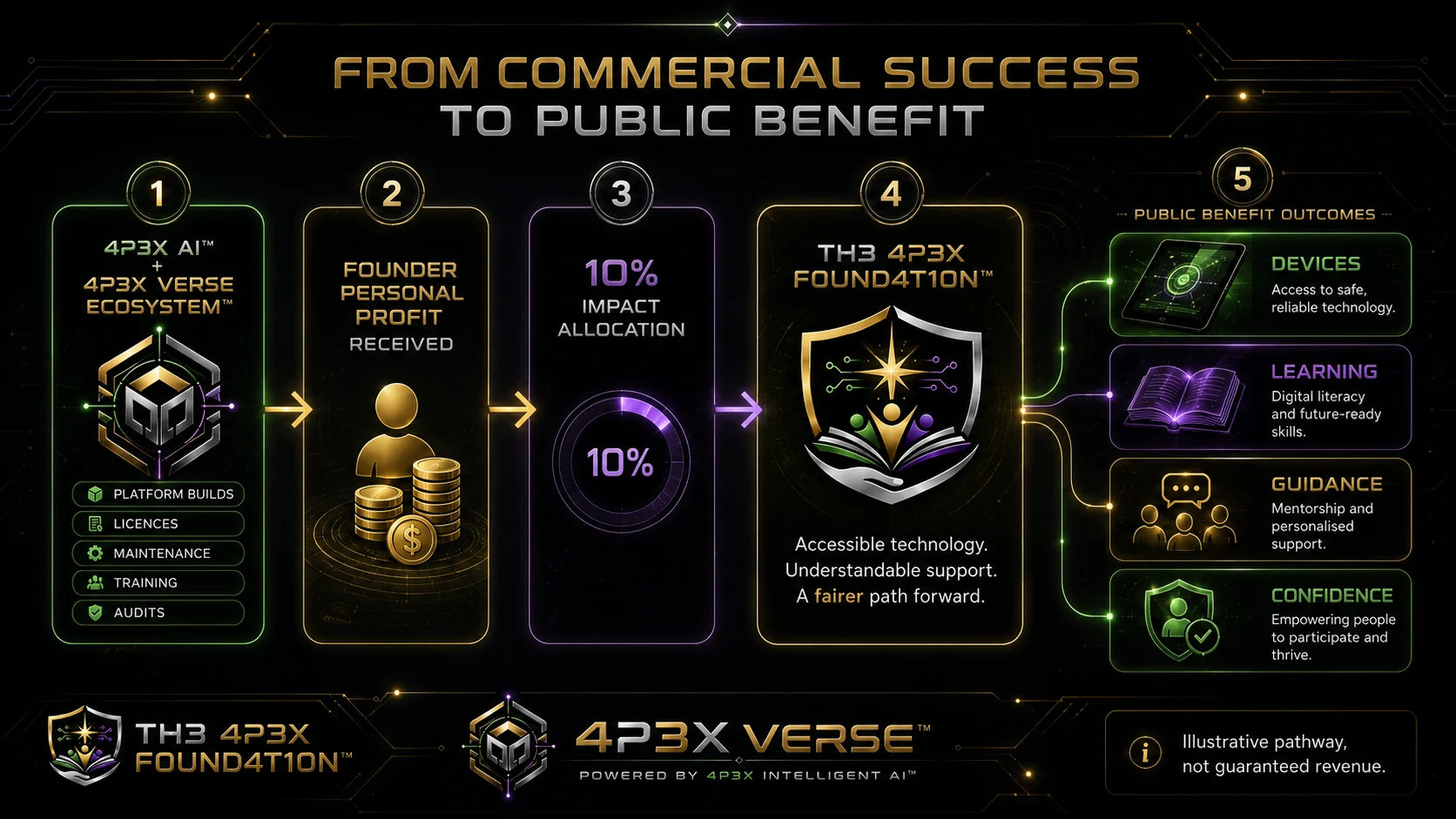 Diagram showing the pathway from 4P3X AI™ and the 4P3X Verse Ecosystem™ to founder profit, 10% impact allocation, TH3 4P3X F0UND4T10N™ and public benefit outcomes.
