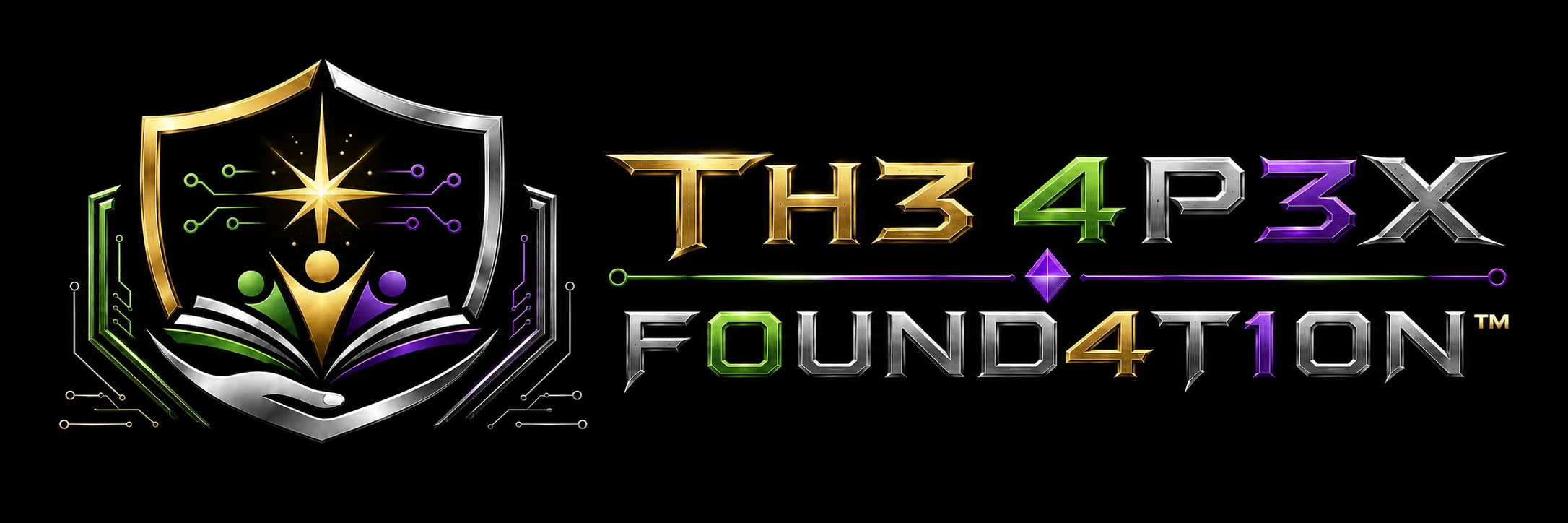 TH3 4P3X F0UND4T10N™ rectangular logo with the Foundation shield and metallic gold, silver, green and purple wordmark.