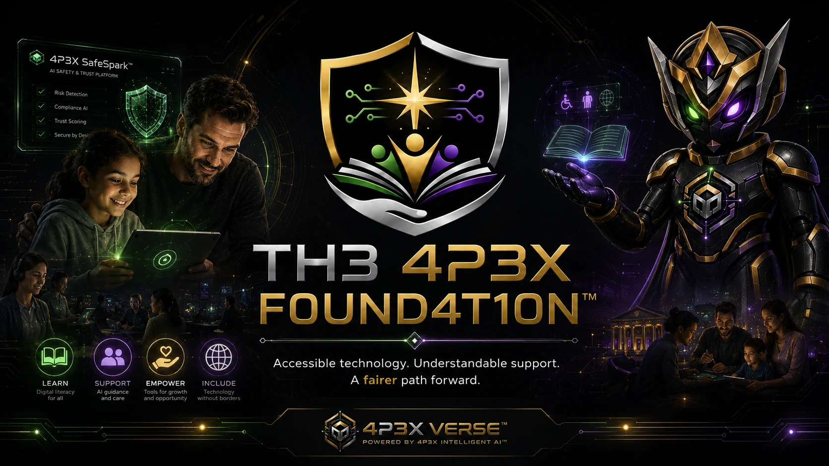 High-impact TH3 4P3X F0UND4T10N™ vision banner showing community support, accessible learning and the relationship with 4P3X Verse™ and 4P3X AI™.